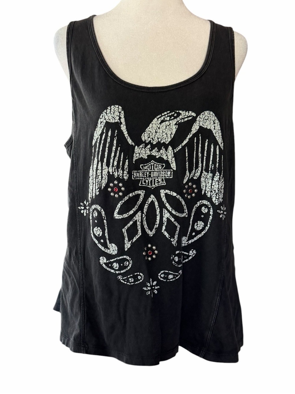 Harley Davidson Fringed Back Tank Top Eagle Jewels High Low Hem Mineral Wash L